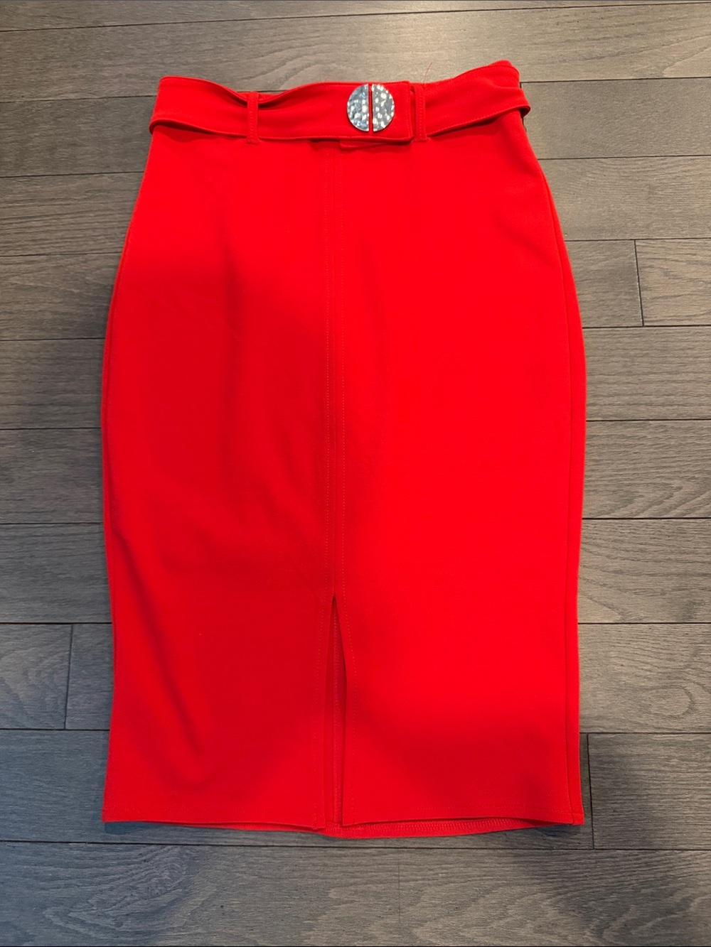 Express Vibrant Red High-Waist Pencil Skirt with Decorative Buckle